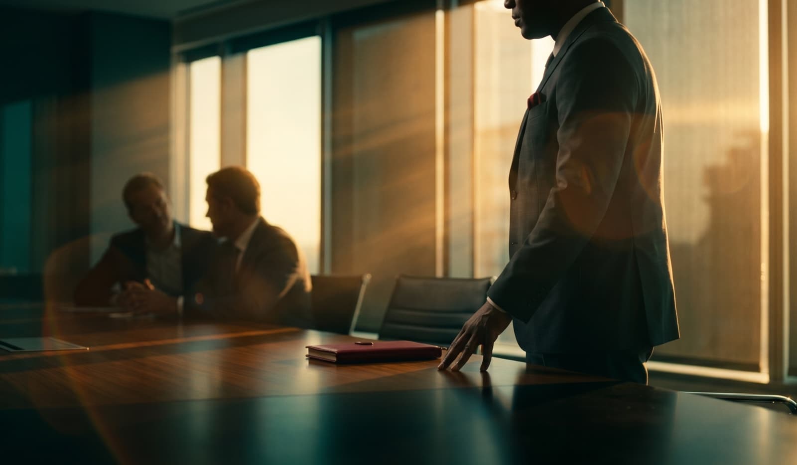 A founder presenting in a calm boardroom at golden hour